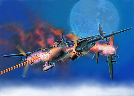 небето, огън, пламък, луната, фигура, боец, изкуство, бомбардировач, американски, самолет, облицован, японски, WW2, G4M, P-38, тежък, „Светкавица“, Lockheed, HD тапет HD wallpaper