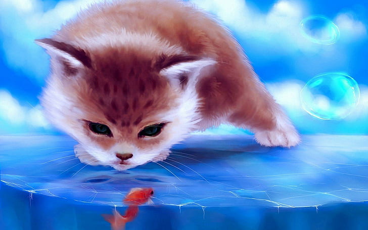 Gatto che fissa un pesce intrappolato nel ghiaccio, illustrazione di gatto marrone e bianco, artistico, 1920x1200, pesce, Sfondo HD