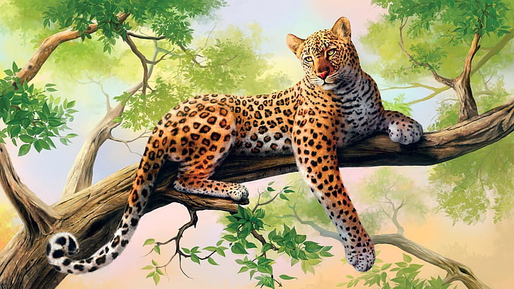 painting, leopard, artistic, art, tree, big cat, wild cat, HD wallpaper
