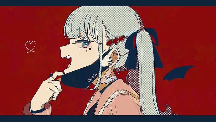 Hatsune Miku, Vocaloid, twintails, aqua hair, vampires, fangs, open mouth, mask, side view, profile, solo, looking at viewer, red background, black ribbons, frills, pink shirt, aqua eyes, makeup, piercing, dimple piercings, 2D, Pink eyeshadow, watch, Black wings, anime girls, long hair, hair ornament, simple background, rings, blunt bangs, fan art, artwork, anime, Hassan, bat wings, HD wallpaper