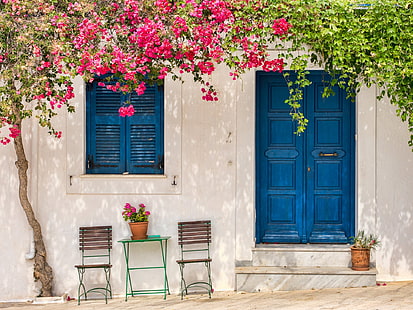 Изработено от човека, врата, синьо, цвете, Гърция, къща, Санторини, HD тапет HD wallpaper