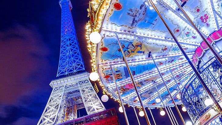 carousel, eiffel tower, paris, france, illuminated, europe, city lights, night, sky, HD wallpaper