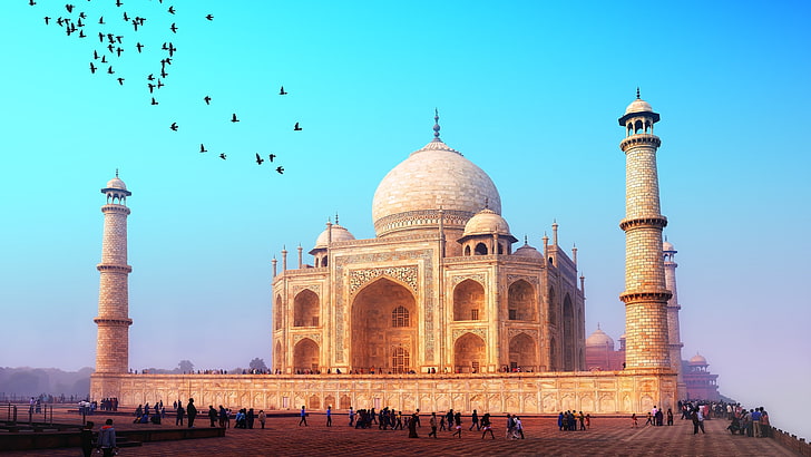 turystyka, Agra, Azja, pałac, Listę Światowego Dziedzictwa UNESCO, Historia starożytna, łuk, pomnik, Indie, miejsce historyczne, mauzoleum, niebo, Meczet, Taj Mahal, cuda świata, kopuła, atrakcja turystyczna, punkt orientacyjny, Tapety HD
