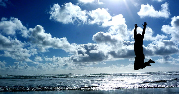 silhouette photography of  person jumping near beach shore during daytime, DOM, silhouette, photography, person, jumping, beach, shore, daytime, piha, new zealand, new  zealand, playa, auckland, surf, surfing, sea, outdoors, people, sky, nature, summer, one Person, HD wallpaper