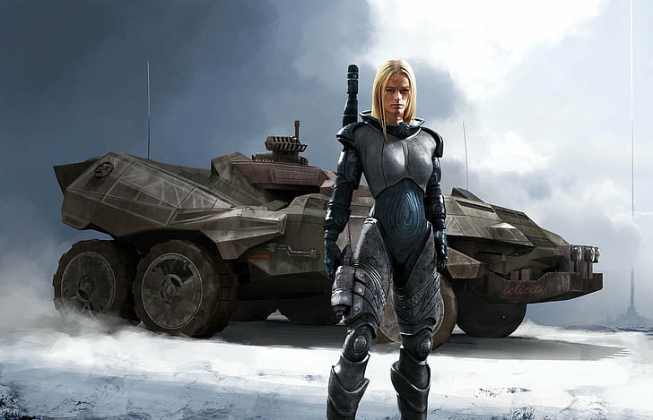 Sci Fi, femme guerrière, armure, blonde, fille, véhicule, femme guerrière, Fond d'écran HD