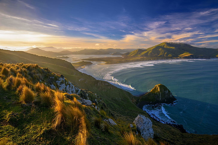 sunset, beach, grass, New Zealand, sea, mountains, clouds, nature, landscape, HD wallpaper