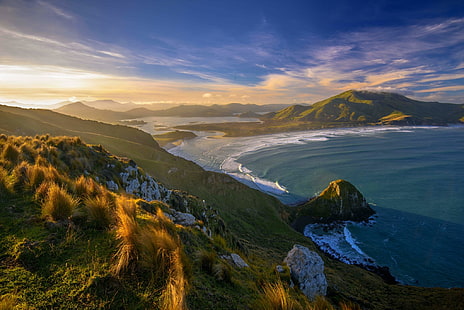 zachód słońca, plaża, trawa, Nowa Zelandia, morze, góry, chmury, przyroda, krajobraz, Tapety HD HD wallpaper