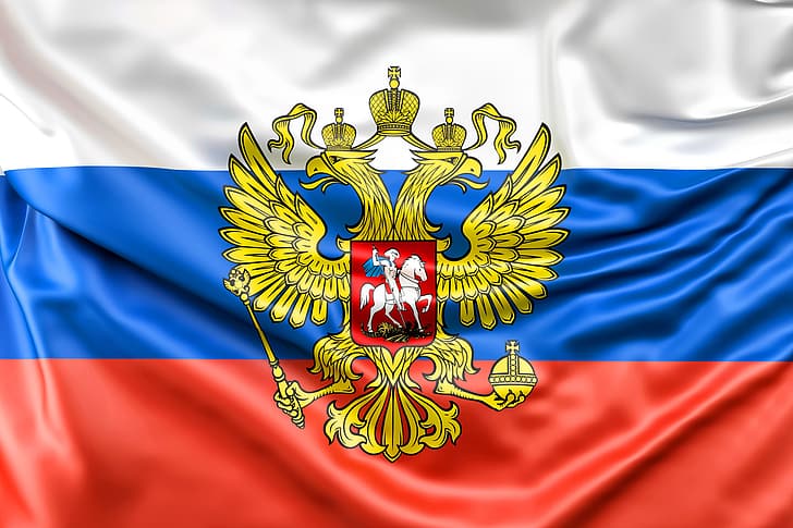Red, Blue, White, Flag, Coat of arms, Russia, Banner, Russian Federation, Golden double- headed Eagle, HD wallpaper