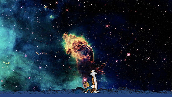 Calvin et Hobbes, dessin animé, étoiles, espace, ciel, Fond d'écran HD HD wallpaper