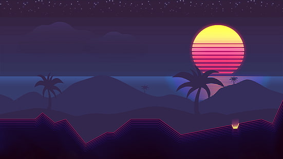 The sun, Music, Palm trees, Background, 80s, Neon, 80's, Synth, Retrowave, Synthwave, New Retro Wave, Futuresynth, Sintav, Retrouve, Outrun, HD wallpaper HD wallpaper
