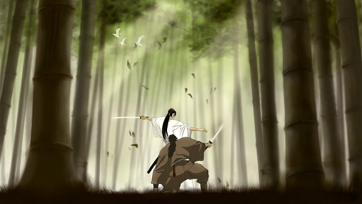 dua karakter kartun samurai, Gulir Ninja, bambu, pedang, sinar matahari, Wallpaper HD