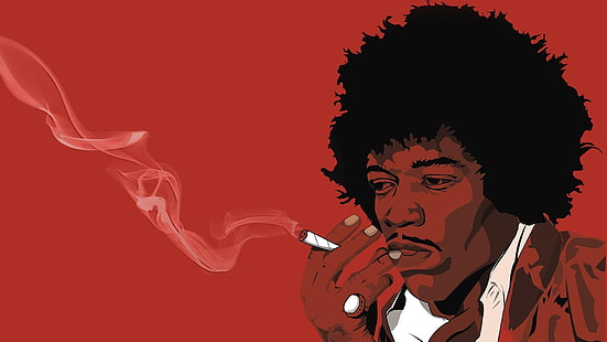 илюстрация на мъж, който пуши, Джими Хендрикс, музикант, фен изкуство, червено, стави, музика, HD тапет HD wallpaper