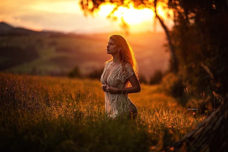 field, girl, sunset, model, beautiful, Miki Macovei Come With, HD wallpaper