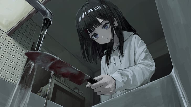 anime girls, knife, sink, blood, creepy, HD wallpaper