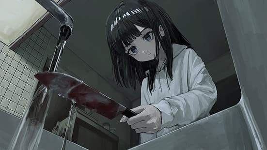 аниме момичета, нож, мивка, кръв, страховито, HD тапет HD wallpaper