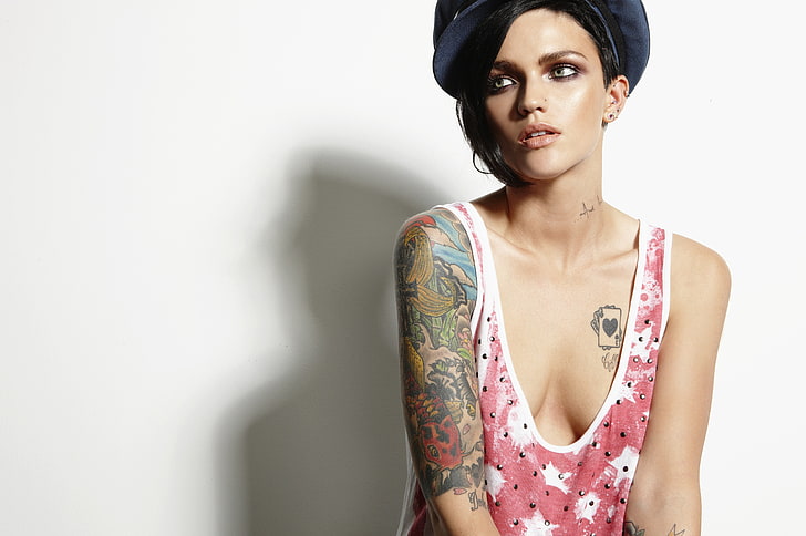 Ruby Rose (actress), tattoo, simple background, HD wallpaper