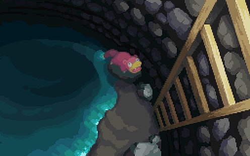 escalera de madera marrón en la ilustración del pozo, Pokémon, videojuegos, pixel art, píxeles, Fondo de pantalla HD HD wallpaper