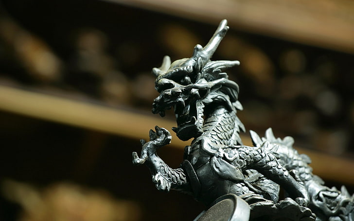 black dragon statuette, dragon, statue, stone, HD wallpaper
