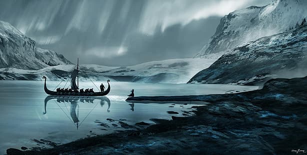 obras de arte, arte fantástica, vikings, navio, barcos, HD papel de parede HD wallpaper