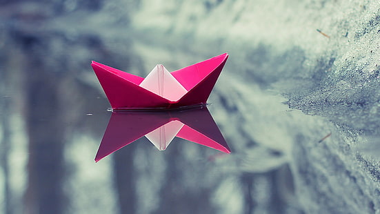 pink paper boat in water, boat, paper boats, water, ice, reflection, nature, lake, origami, minimalism, HD wallpaper HD wallpaper