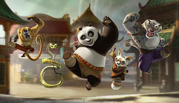 Kung Fu Panda illustrazione, scimmia, cartone animato, Kung Fu Panda, Vipera, Maestro Oogway, Tai Lung, Master Viper, Sfondo HD