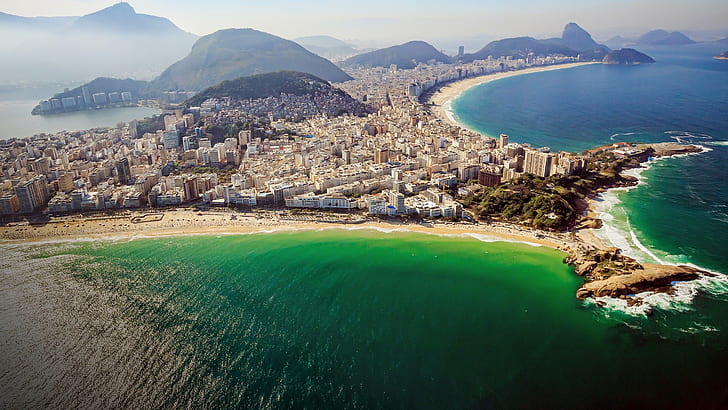 Brésil, Rio de Janeiro, Copacabana, plage, montagnes, ciel, océan Atlantique, paysage urbain, Fond d'écran HD