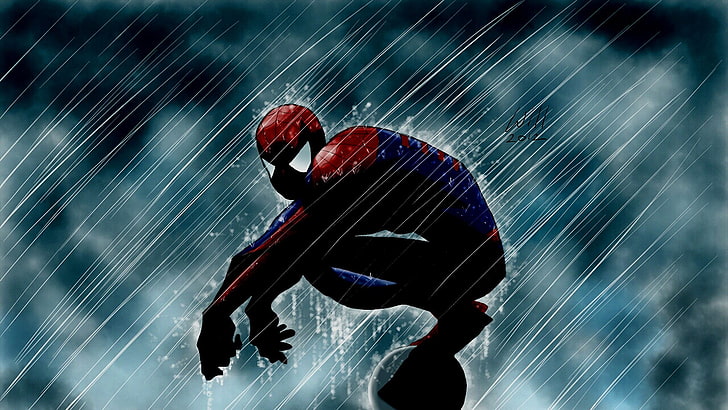 Tapeta cyfrowa Marvel Spider-Man, Spider-Man, komiksy, deszcz, superbohater, sztuka cyfrowa, grafika, Tapety HD