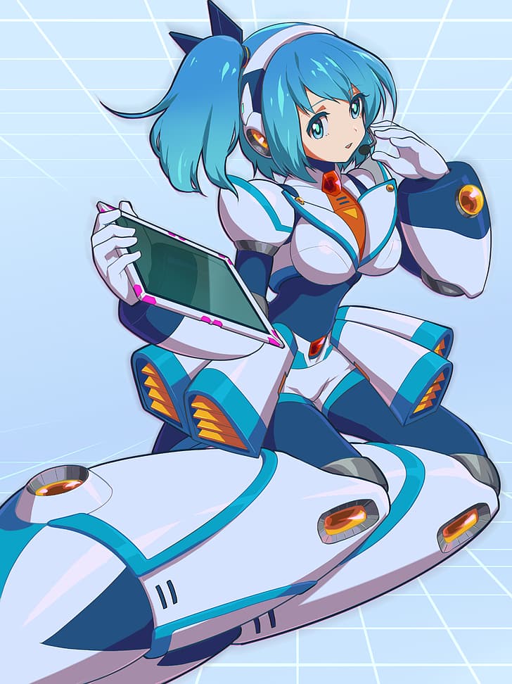 anime, anime girls, Mega Man X, Rockman X DiVE, RiCO (Rockman X DiVE), cheveux longs, manches longues, cheveux bleus, solo, artwork, art numérique, fan art, Fond d'écran HD, fond d'écran de téléphone