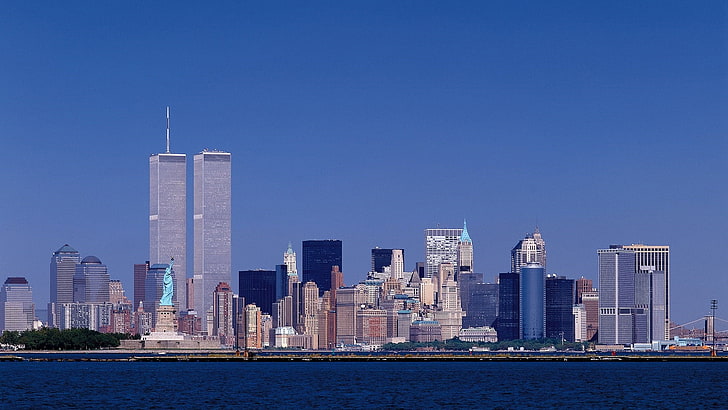 небе, САЩ, Ню Йорк, Ню Йорк, хоризонт, сграда, вода, Световен търговски център, кула, силует, кула, метрополия, кули близнаци, градски пейзаж, през деня, небостъргач, град, синьо небе, HD тапет