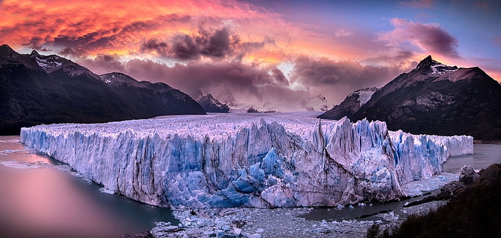 Argentina, clouds, Glaciers, landscape, mountain, nature, Perito Moreno, sea, Snowy Peak, sunset, HD wallpaper