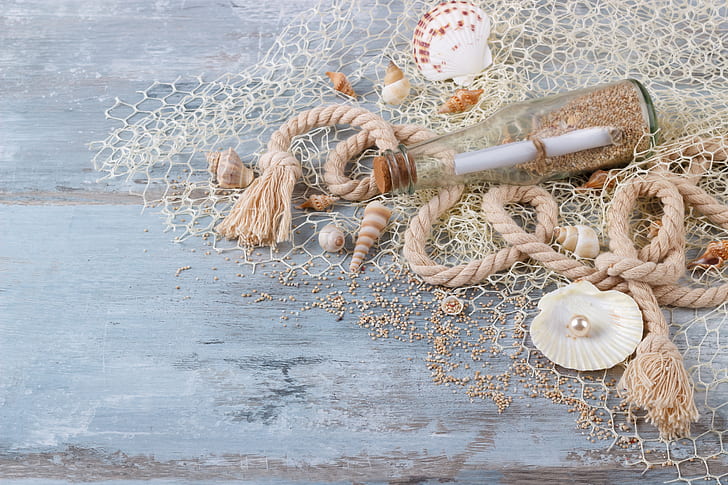 sand, bottle, shell, wood, marine, still life, pearl, seashells, perl, HD wallpaper