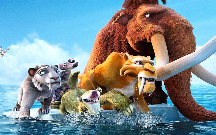 Ice Age cast, ice, sea, the sky, water, clouds, tiger, river, the ocean, cartoon, movies, wave, glacier, fangs, pirates, Led, kitty, tigress, mammoth, trunk, ice age, Manny, grandmother(who pisses me off =D ), ice age 4, HD wallpaper