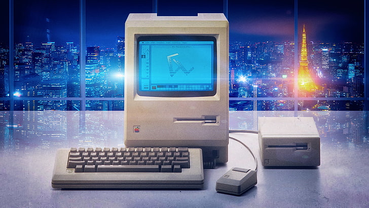 szary monitor, klawiatura i mysz komputerowa, vaporwave, Macintosh, Tokyo Tower, Tokio, flara obiektywu, światła, Apple Inc., nostalgia, Tapety HD
