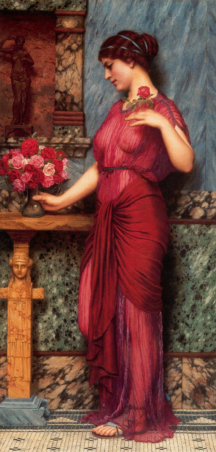 artwork, painting, Greek, Greece, classic art, red dress, red, women, flowers, HD wallpaper