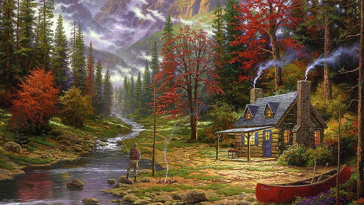 mężczyzna stojący nad rzeką malowanie, malowanie, chata, kajaki, rzeka, wędkarstwo, las, kominy, Thomas Kinkade, Tapety HD