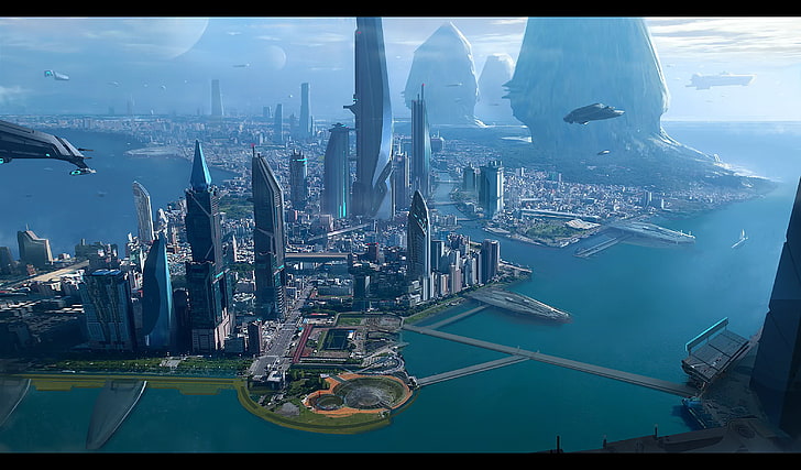 illustrazione di civiltà avanzata, azione, cittadino, città, combattimenti, futuristico, gioco, sci, fantascienza, sparatutto, simulatore, spazio, astronave, stella, Sfondo HD
