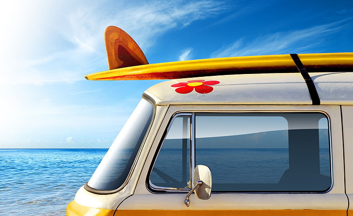 Volkswagen Van, van blanc et planche de surf jaune et orange, Moteurs, Voitures Classiques, Volkswagen, Fond d'écran HD