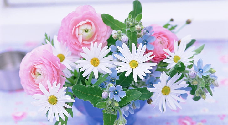 white daisies, chamomile, ranunkulyus, flower, bouquet, vase, blurring, HD wallpaper