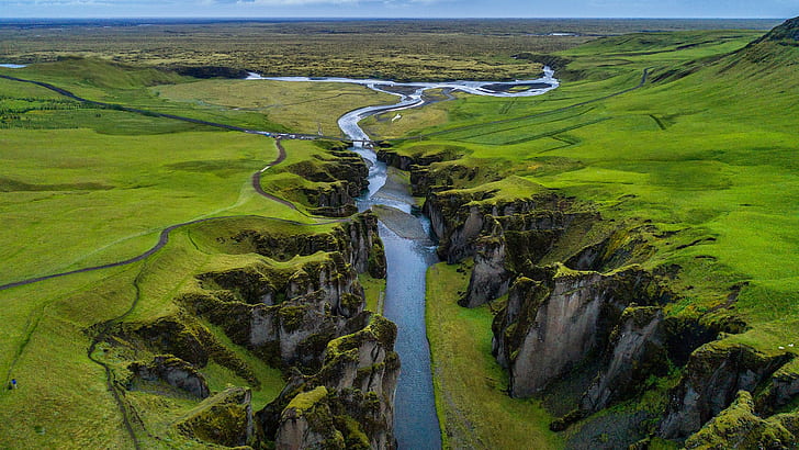 vista aérea, foto do zangão, paisagem, natureza, grama, campo, horizonte, islândia, desfiladeiro, rio, HD papel de parede