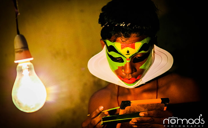 Kathakali Art form, зелена и кафява маска, Vintage, kerala, kathakali, kerala art form, HD тапет