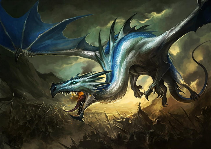 синий и серый дракон цифровые обои, дракон, воин, война, фэнтези арт, HD обои