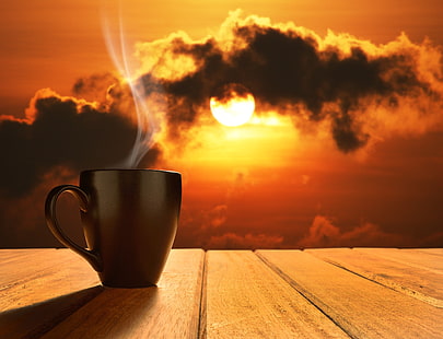 taza negra, amanecer, café, mañana, taza, caliente, taza de café, buenos días, Fondo de pantalla HD HD wallpaper