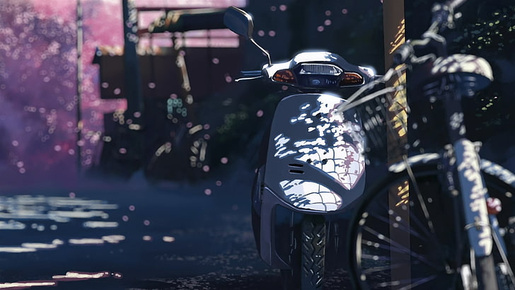 scooter blanco, anime, paisaje, 5 centímetros por segundo, Makoto Shinkai, motocicleta, luz solar, luz solar moteada, Fondo de pantalla HD