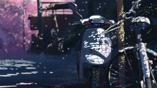 white motor scooter, anime, landscape, 5 Centimeters Per Second, Makoto Shinkai , motorcycle, sunlight, dappled sunlight, HD wallpaper HD wallpaper