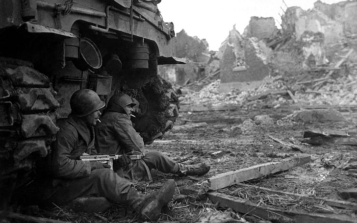 war, tommy gun, tank, World War II, monochrome, HD wallpaper