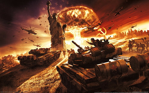 World in Conflict, Video Games, Soviet Army, Soviet Union, USSR, Statue, Statue of Liberty, Military Aircraft, Helicopters, War, Explosion, Nuclear, Soldier, World War III, world in conflict, video games, soviet army, soviet union, ussr, statue, statue of liberty, military aircraft, helicopters, war, HD wallpaper HD wallpaper