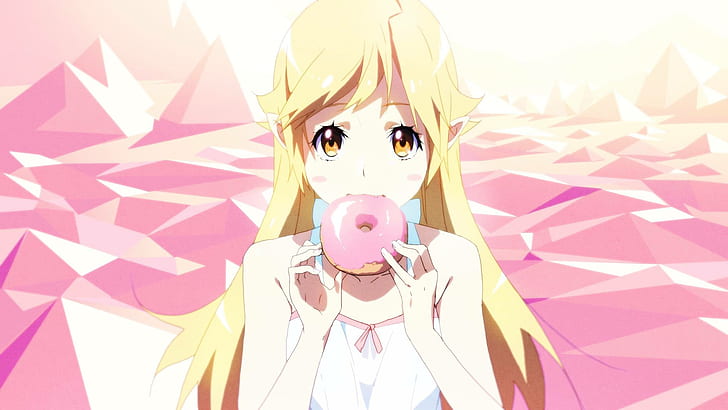 Série Monogatari, Oshino Shinobu, rosquinha, garotas anime, cabelo amarelo, rosa, comida, anime, garotas anime comendo, HD papel de parede