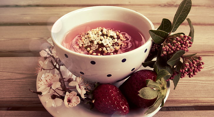 strawberry juice, cup, tea, flowers, strawberry, cherry, HD wallpaper