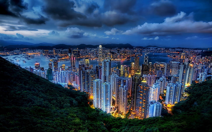 vista areale di edifici della città, città, paesaggio urbano, HDR, edificio, Hong Kong, Cina, Sfondo HD
