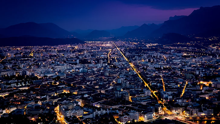 fond d'écran numérique de la ville, paysage urbain, nuit, lumières, Grenoble, France, Fond d'écran HD